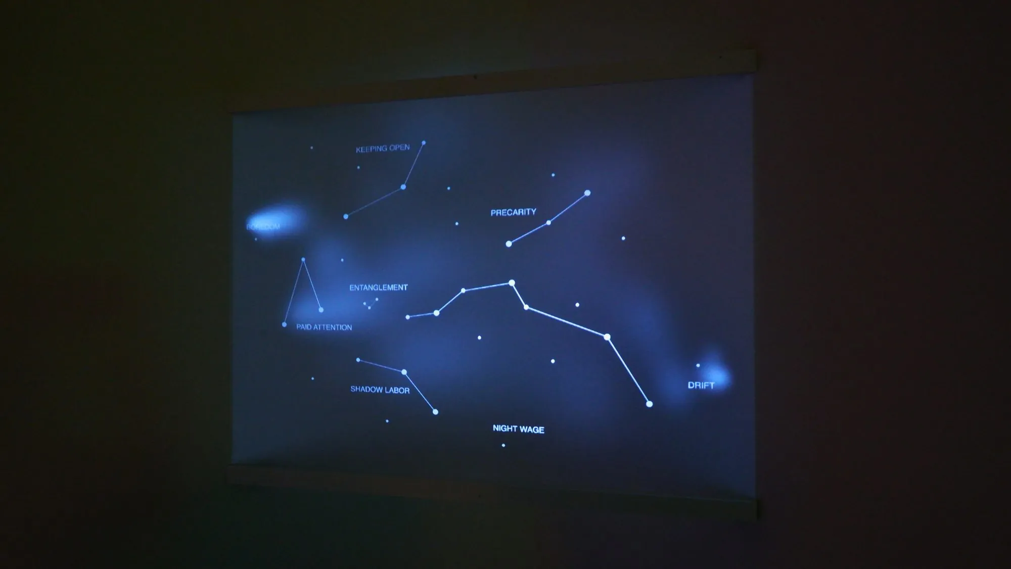 Glowing constellation lines and labels projected onto suspended acrylic glass in a dark room