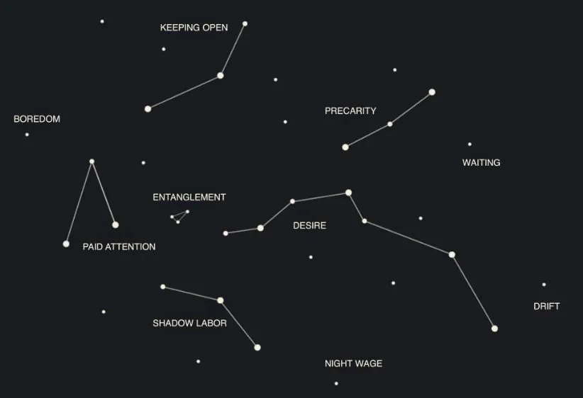 Constellation map with labels such as Keeping Open, Precarity, Shadow Labor and Night Wage