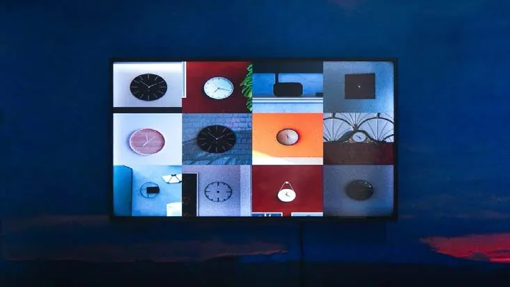 Video screen showing a grid of twelve clocks filmed around Manila