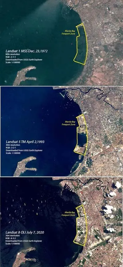 Satellite images of Manila Bay from 1972, 1993 and 2020 showing the growth of the Freeport Zone
