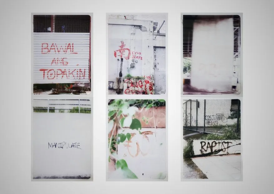 Six photographs of writing on walls, including Bawal ang topakin and Manipulate