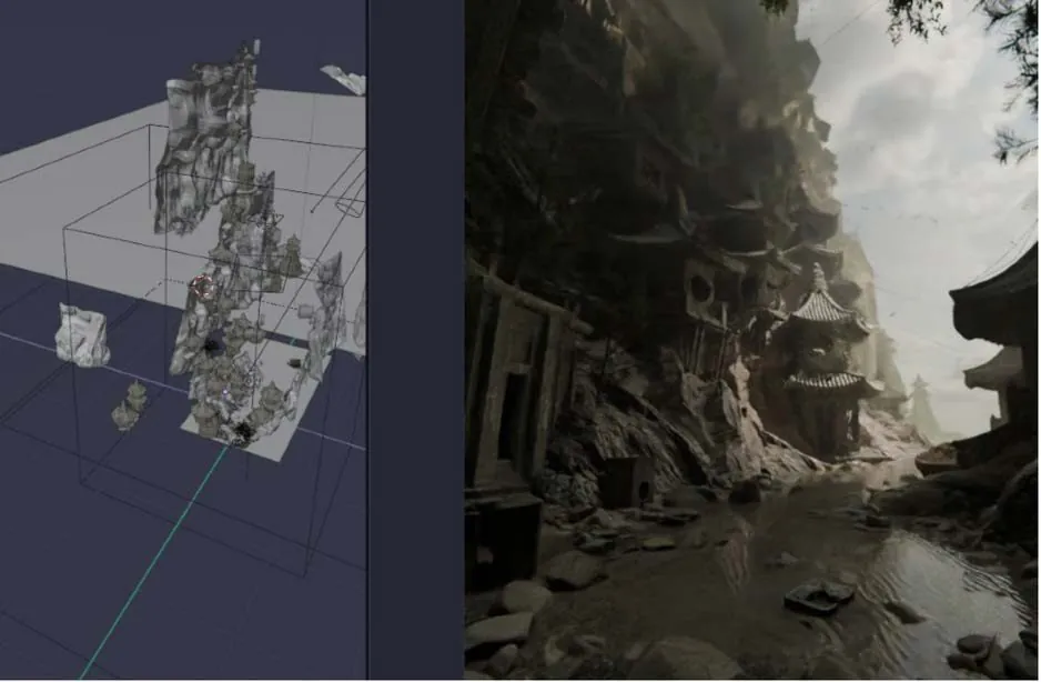 A 3D wireframe model beside a rendered scene of temples on a cliff above water